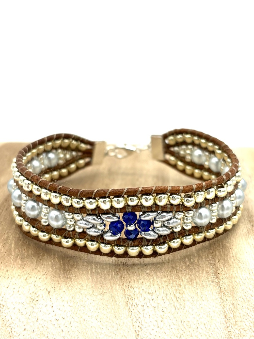 Hand Crafted Brown Leather Wrap Bracelet with Blue Crystal Accent